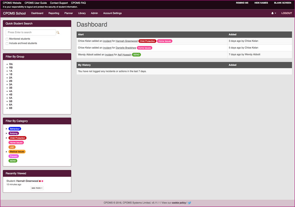 CPOMS dashboard