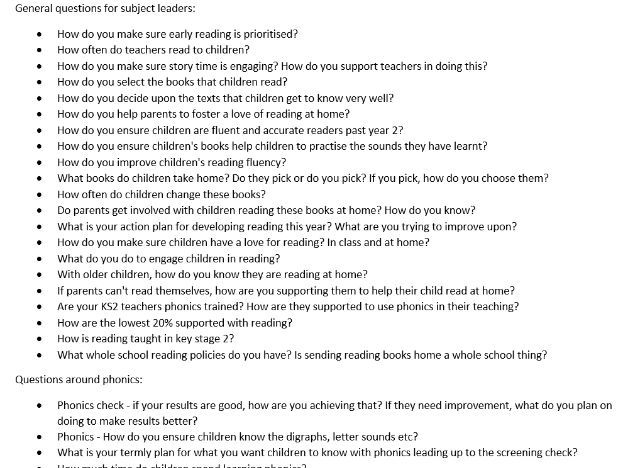 Potential OFSTED deep dive questions
